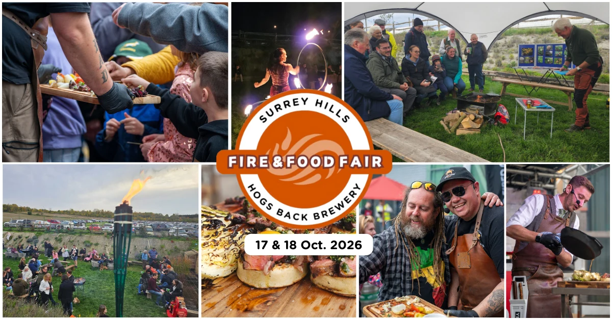 Surrey Hills Fire and Food Fair 2026 photo montage: fire pits, street food and chefs, 17 and 18 October 2026, Hogs Back Brewery