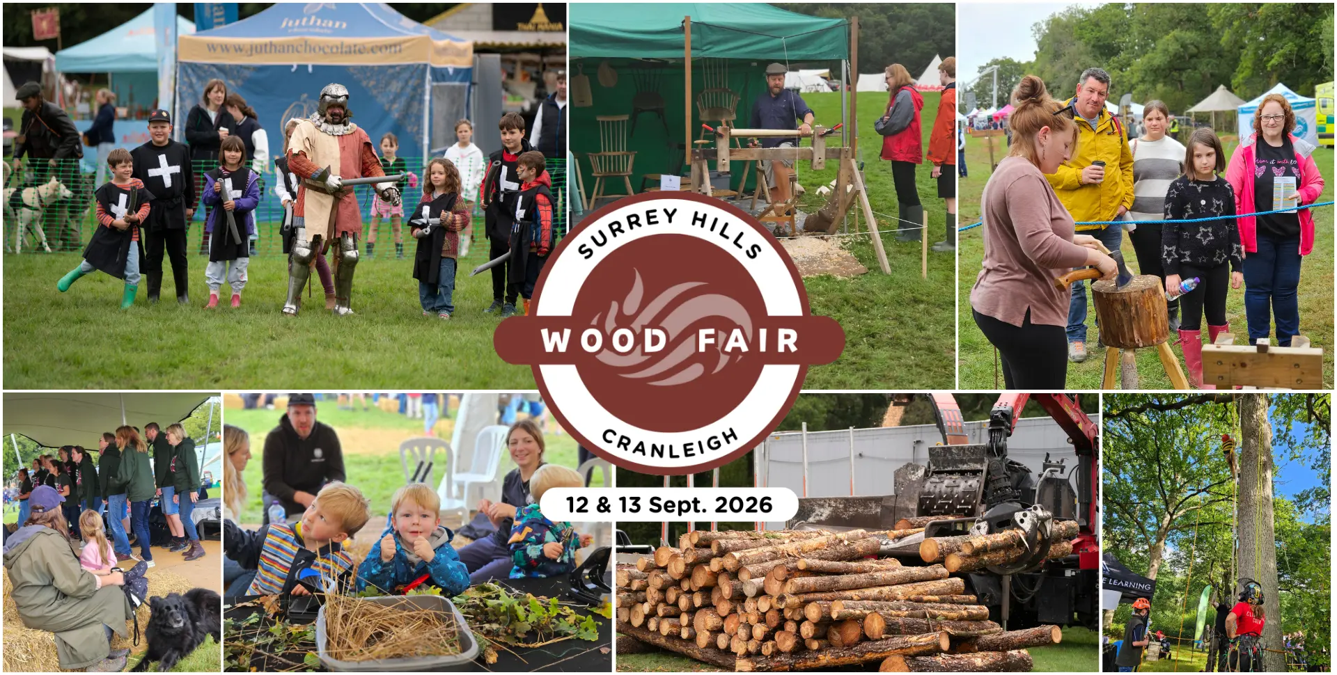 Surrey Hills Wood Fair 2026 photo montage: woodcraft demonstrations, families and log stacks, 12 and 13 September 2026, Cranleigh