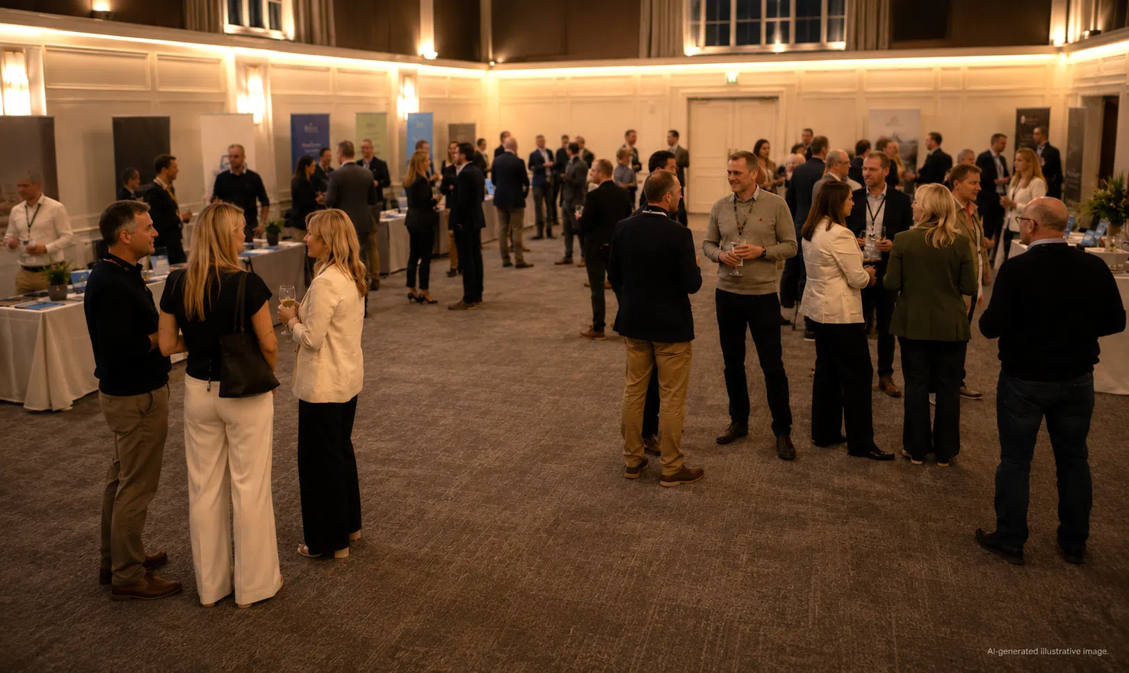Members networking with drinks beside exhibition stands at The Bush Hotel